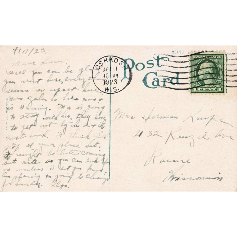 Chief Oshkosh Monument Menomonie Park Oshkosh WI Vtg 1923 Postcard Kropp #21 - Picture 2 of 2